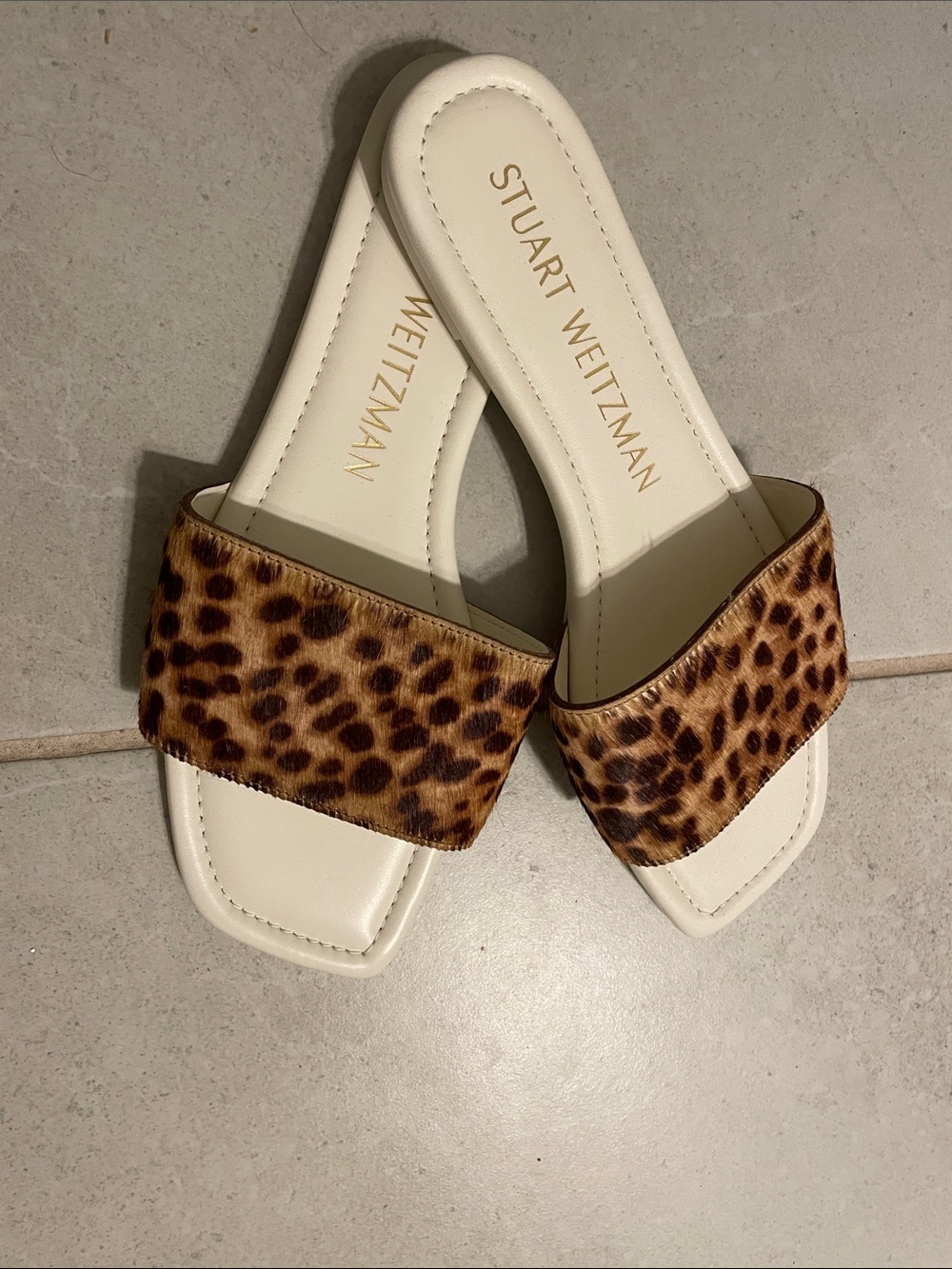 Stuart Weitzman Leopard-Print Slide Mules with Cream Footbed